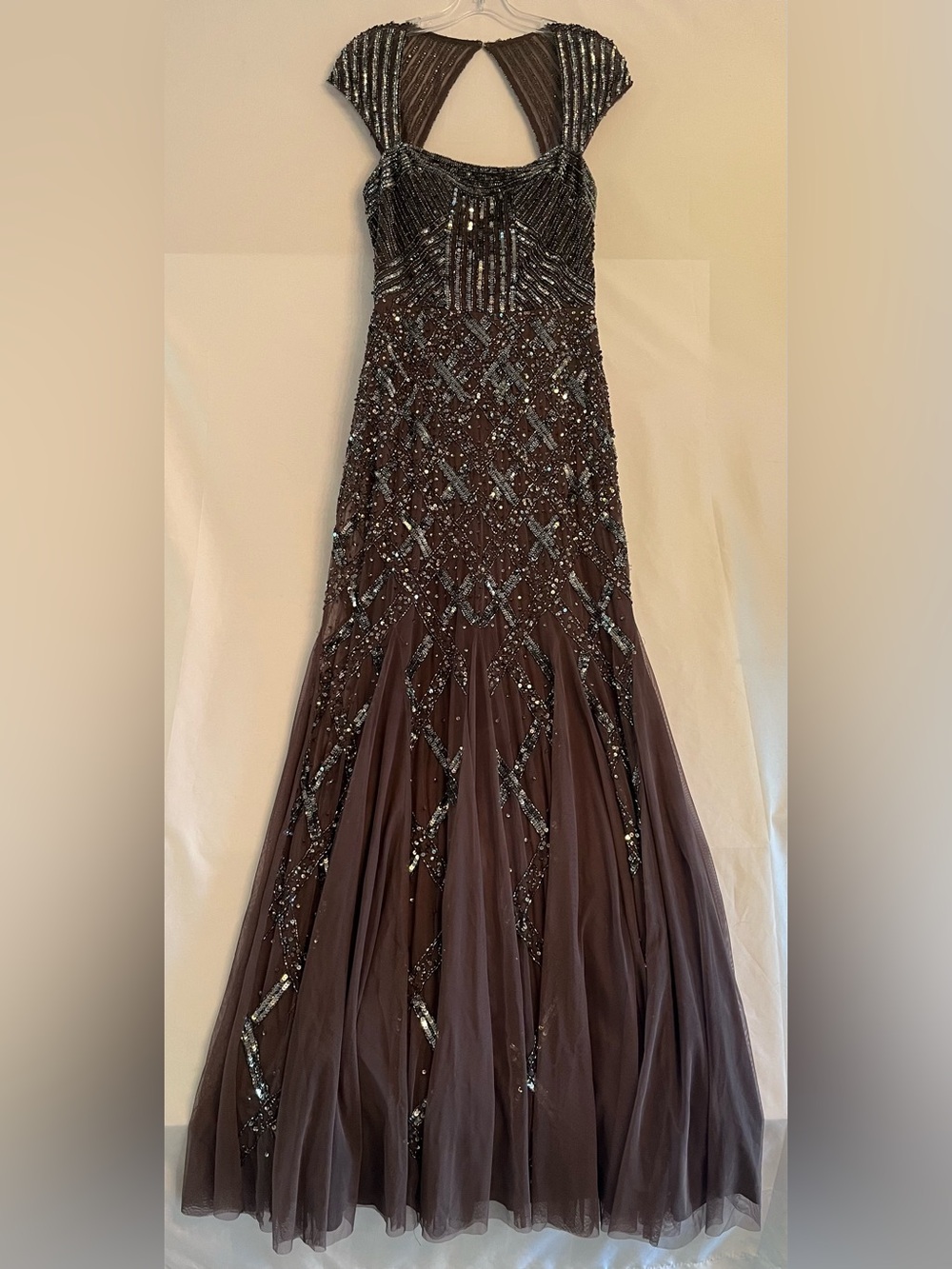 Adrianna Papell Beaded Lattice Tulle Gown Black Tie Gala Old Hollywood Gatsby